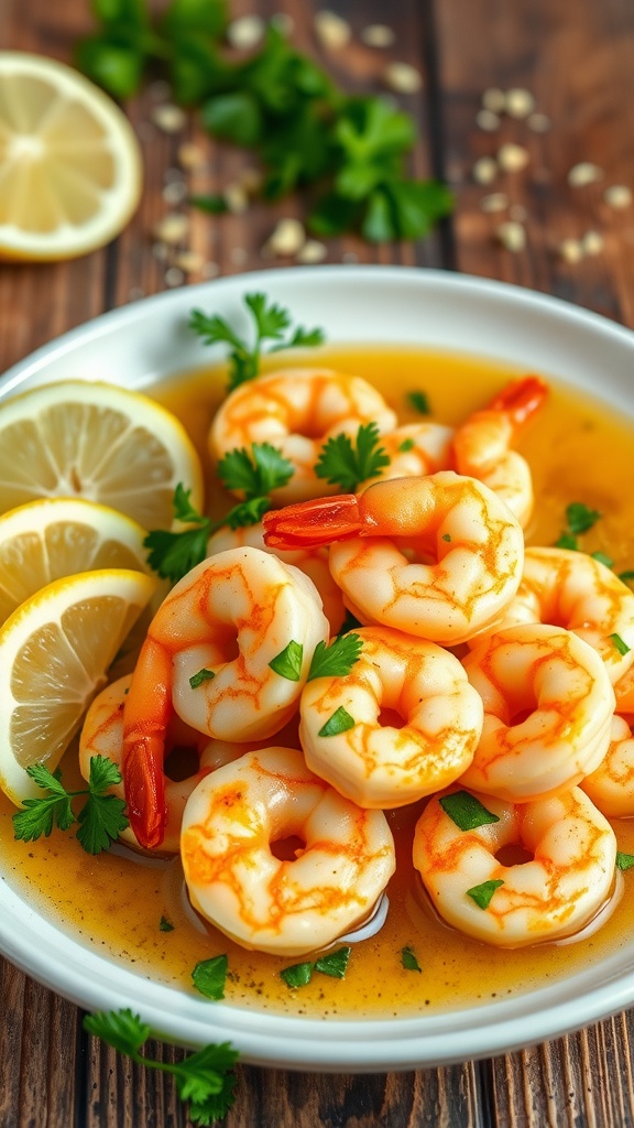A delicious serving of garlic butter shrimp with lemon and parsley on a rustic table.
